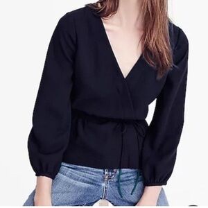 J. Crew Crepe Flowy Faux Wrap Blouse Side Tie Hidden Zipper Puff Sleeves Black 4